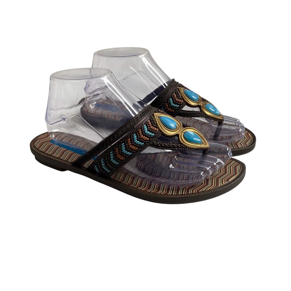 Grendha Women's 8 Brazilian Thong Sandals Brown Blue Tribal Print Ivete Sangalo